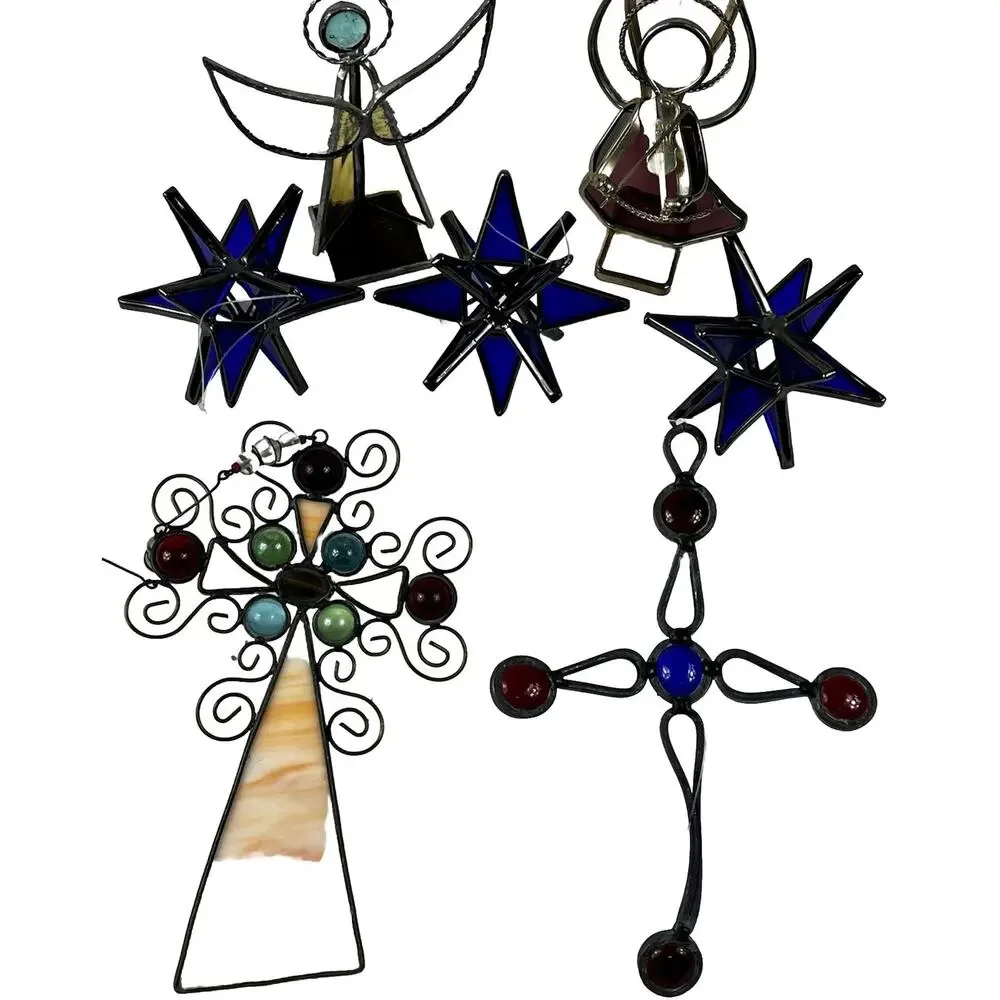 Set of 7 Stained Glass Cobalt Blue Snowflake Ornaments 4 Handmade Angel &Crosses